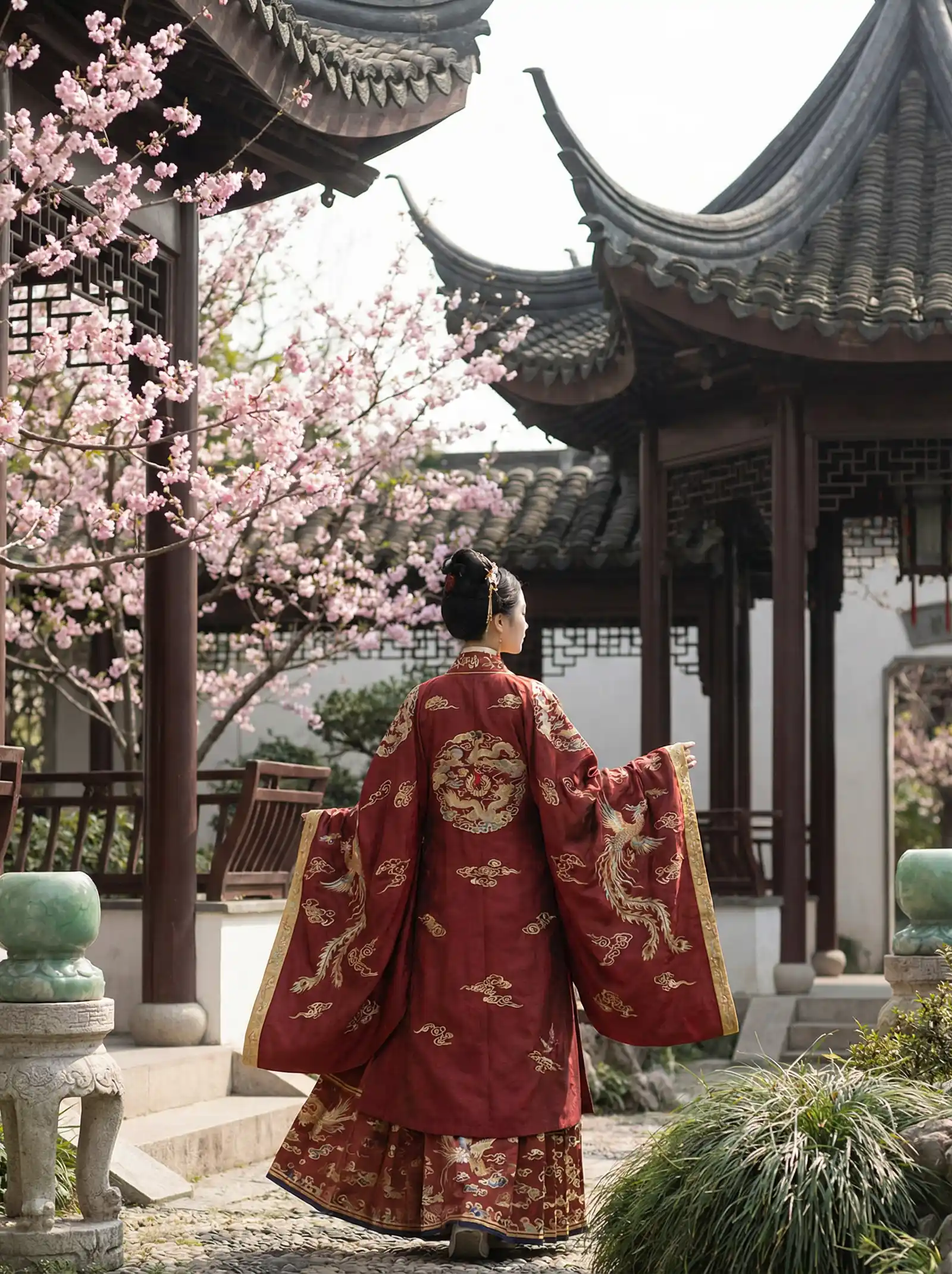 国产视频 明制汉服红色凤凰刺绣